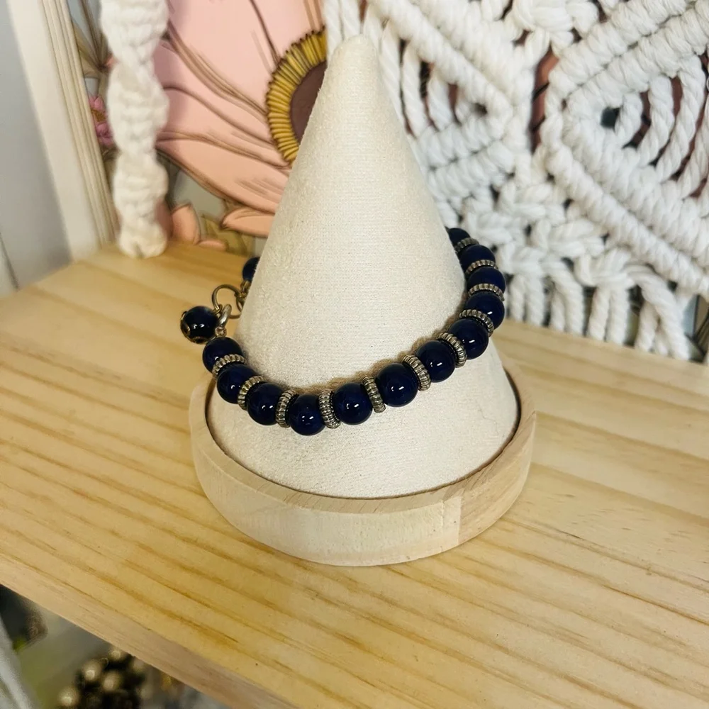 Vintage Navy Blue Beaded Bracelet Glass Silver Toned Metal Spacer‎ Beads